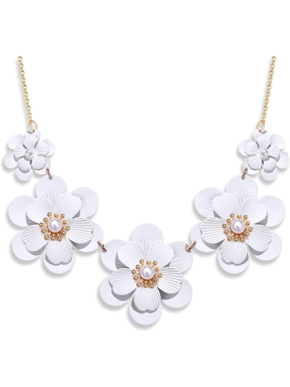 Women's White Flower Matte Enamel Pearl Charm Choker Statement Necklace